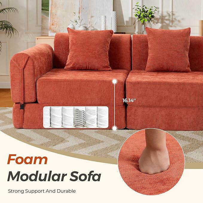 100" Oversized Convertible Sleeper Sofa Bed, Modular Sectional Cloud Sofa with Fixed-Shape Frame & Tabletop, Boneless Couch with Storage Pocket for Living Room, No Assembly Required, Orange