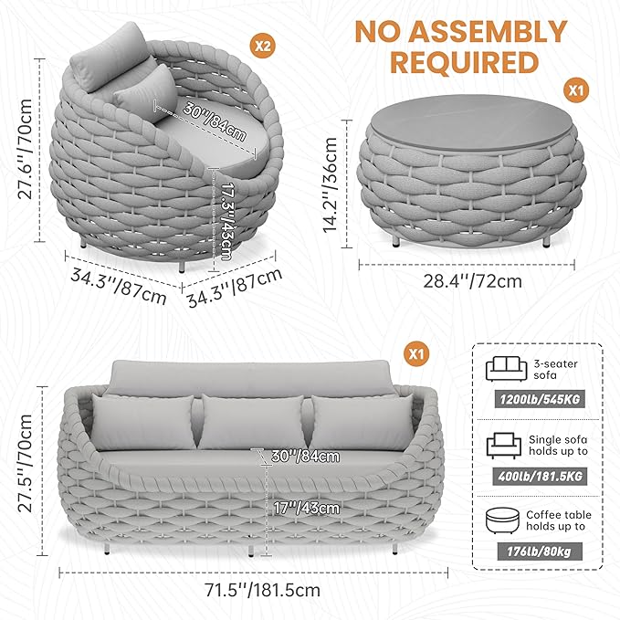 Erotr Woven Rope Patio Furniture Set: 4 Pieces Aluminum Outdoor Conversation Sofa Set Assembled - Modern Couch Set Cushioned - All Weather Metal Porch Seating for 5 Person Deck Garden Pool Hotel, Gray