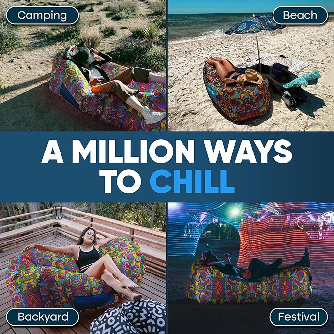 Chillbo Shwaggins Inflatable Couch – No-Pump Setup, Ripstop Polyester, Stability Pegs, Fun Prints, Portable Air Lounger for Beach, Camping, Festivals, and Tailgating - 60s Psychedelic