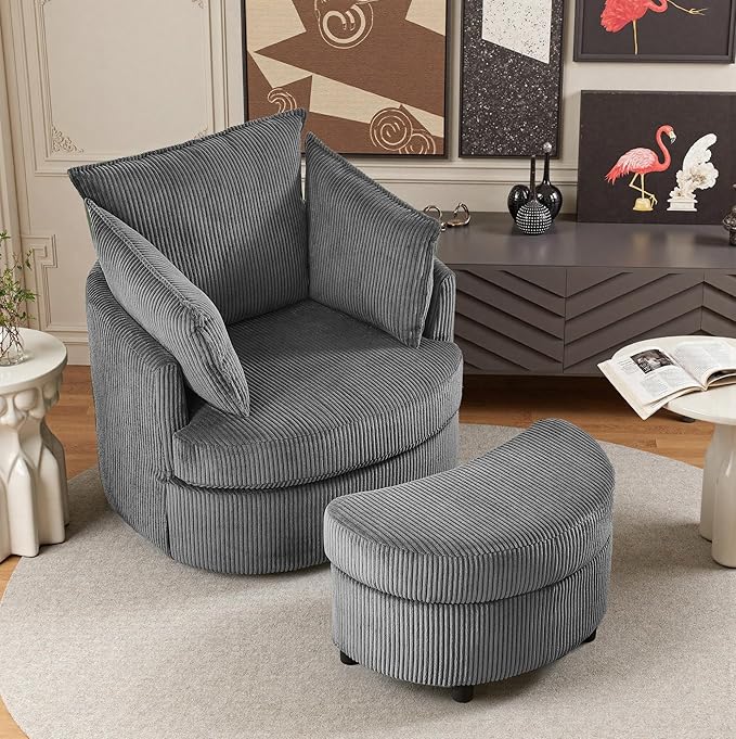 Chorlenimi Swivel Accent Chair Round Barrel Armchair Upholstered Living Room Chair Corduroy Reading Chair Single Sofa Chair for Bedroom Apartment Office (Grey, Upgrade 1Seater+ Ottoman)