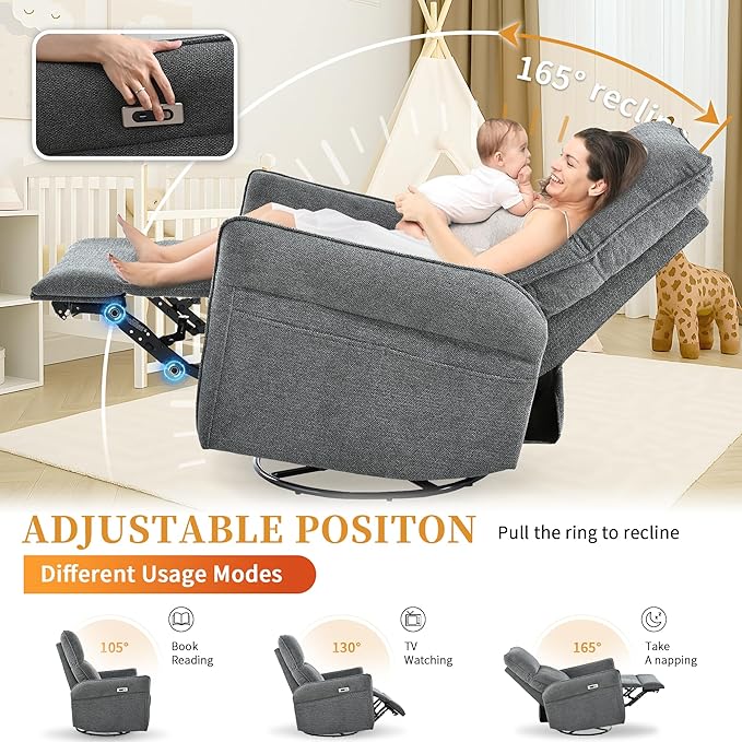 QKFF Power Swivel Rocker Recliner Chair for Nursery, Upholstered Snowflake Velvet 270°Swivel Glider Rocker Chair with USB Ports, Small Power Recliners for Small Spaces Living Room