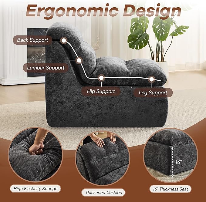 WUTUTUEE Boneless Chair, Double-Layer Armless Floor Sofa with High Density Memory Foam, No Assembly Togo Sofa, Chenille Bean Bag Chairs for Living Room, Bedroom, Comfy Cloud Chair (Grey)