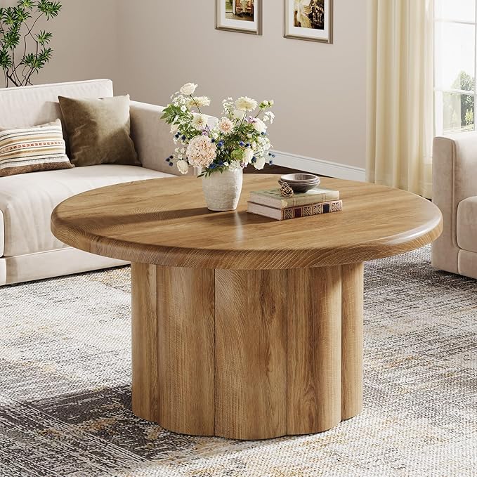 Tribesigns 31.5" Round Coffee Table for Living Room, Farmhouse Circle Center Cocktail Table with Fluted Drum Base, Wooden Living Room Furniture for Apartment, Small Space, Brown