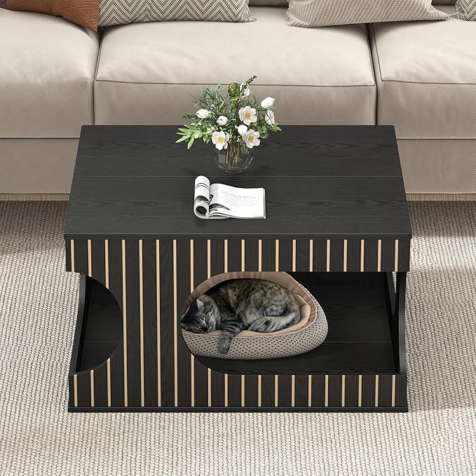 weselon 31.5" Square Coffee Table with Storage, Mid-Century Modern Center Table with Arched Cutouts and Carved Lines, 2-Tier Tea Table for Living Room, Cat-Friendly Base (Black)