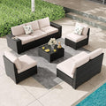 SunloungeCo Patio Furniture Set, 8 Pieces Outdoor Couch Sofa with Wider Armrests & Glass Coffee Table, Outdoor Sectional Furniture with Thick Cushions for Party, Poolside,Garden-Beige