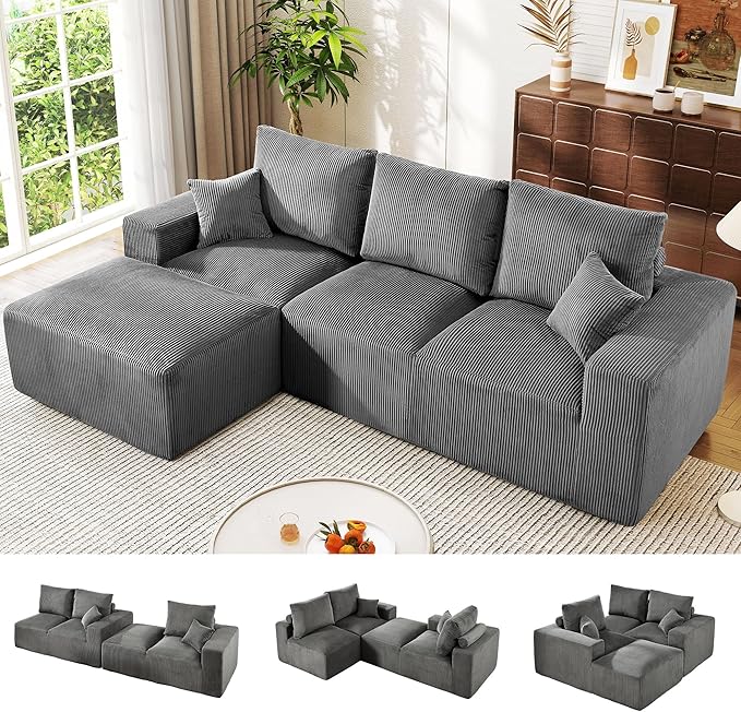 WESTSETLUX 108” Cloud Sectional Sofa Couch with High-Seat, Corduroy Modular Sofa with Oversized Chaise, High-Back Modern L-Shaped Couches for Living Room, No Assembly Required (Grey)