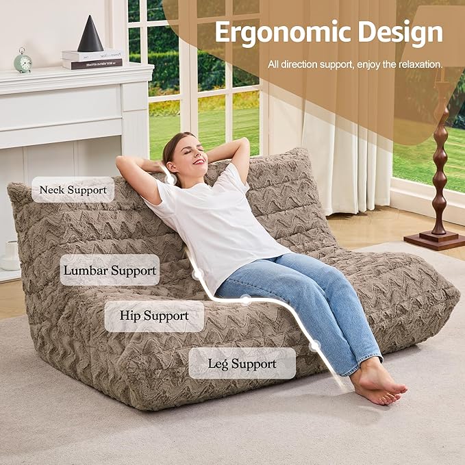 Bean Bag Chairs for Adults Giant Bean Bag Chair Memory Foam BeanBag Chair Bean Bag Sofa with Filler Faux Fur Fireside Beanbags Lazy Sofa for Living Room Bedroom Office (Brown Chevron, Loveseat)