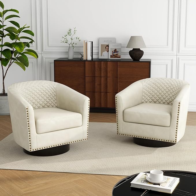 DREAMSIDEA Swivel Barrel Accent Chair, Comfy Modern Upholstered Round Faux Leather Arm Chair for Living Room, Bedroom - Beige, Set of 2