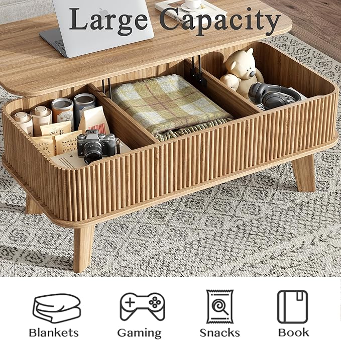 LCVTND Fluted Lift Top Coffee Table with Storage, Modern Wood Coffee Table Retro Center Table with Hidden Lifting Table Top Compartment for Living Room, Home, Office, Natural