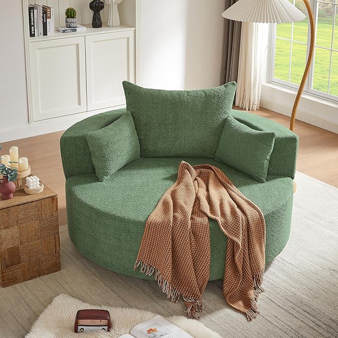 Merax 360° Swivel Chair, Chenille Fabric Accent Barrel Chair, Swivel Round Sofa Chair with 3 Removable Pillows for Living Room, Bedroom, Office and Hotel, Green