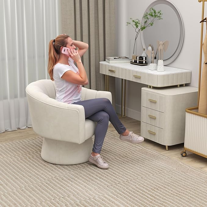 Swivel Accent Chair Set of 2, Upholstered Velvet 360° Swivel Barrel Chair for Living Room Overstuffed Bouncle Reading Chair Round Armchair for Bedroom,Vanity,Office (Beige)