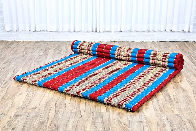 Leewadee - Foldable Floor Mattress - Japanese Roll Up Futon -Trifold Tatami Mat- Guest Floor Bed - Camping Mattress - Thai Massage Mat, Kapok Filled, 75 x 57 inches, Blue Red