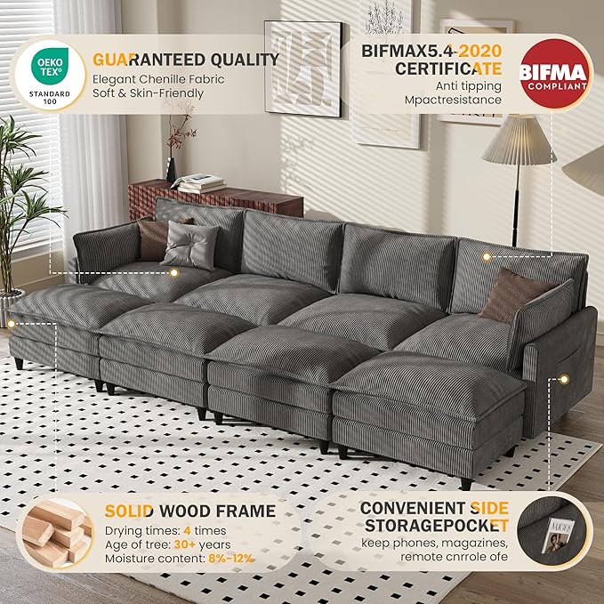 Apicizon 143" Cloud Sofa Sectional, Modern Corduroy Cloud Sofa Set with Side Storage Pocket, Comfy Convertible Sleeper Couch with Chaise for Living Room, Apartment, Office, Grey