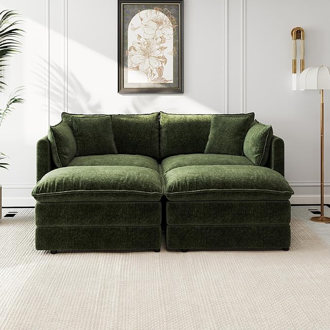 Aoowow Modular Sectional Sofa Modern Convertible Loveseat Couch,77.16 Inch Deep 2-Seater Sofas Comfy Chenille Cloud Sofas and Couches Set with 2 Movable Ottoman for Living Room Apartment（Green）
