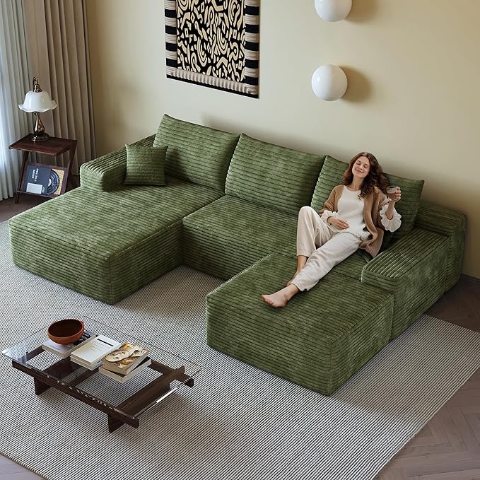 AUGOP 108" Sectional Couches for Living Room Modern Modular Sofa with L-Shape Couchs Upholstered Boneless Couch Deep Seat Sectional Couch with Chaise (Green, Left Facing Chaise+2Seaters+1Ottoman)