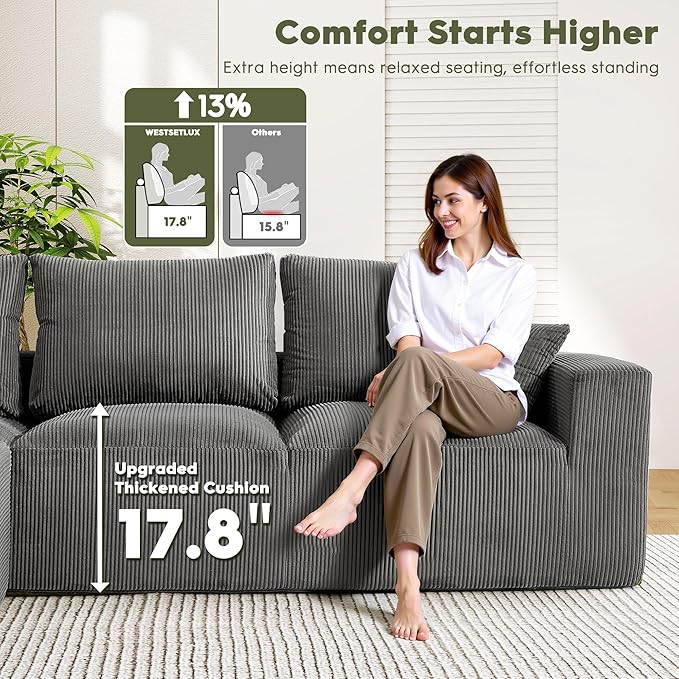 WESTSETLUX 108” Cloud Sectional Sofa Couch with High-Seat, Corduroy Modular Sofa with Oversized Chaise, High-Back Modern L-Shaped Couches for Living Room, No Assembly Required (Grey)
