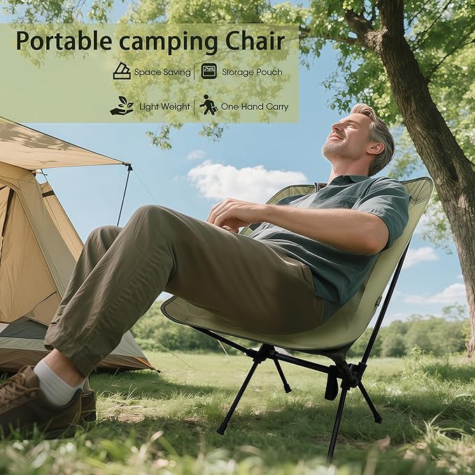 Lightweight Folding Camping Chair for Adults, Heavy Duty 270lbs Capacity Compact Backpacking Hiking Chair – Portable Durable Outdoor Chair with Ergonomic Support (Army Green)