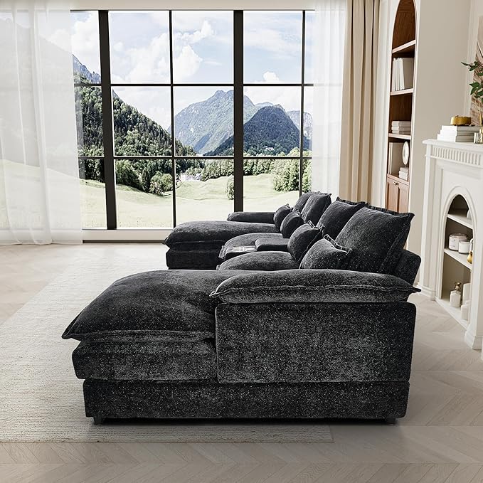 HYJT-H&K 124" U Shaped Cloud Couch Sectional, Comfy Fluffy Chenille Black Sectional Couches for Living Room, Modern Modular Sectionals Sofa with Central Console Double Chaise Lounge Black Grey