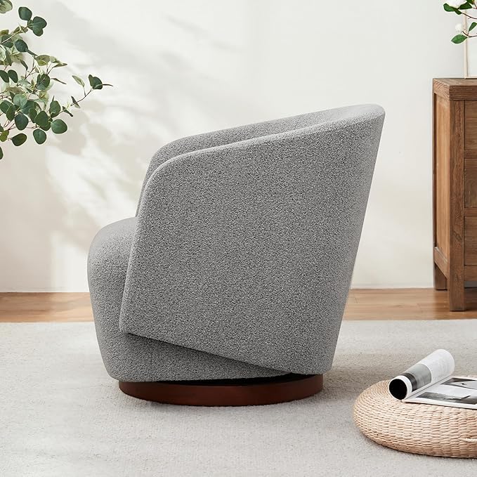 Boucle Swivel Accent Chairs Set of 2, No Assembly Upholstered Armchair with Rubberwood Base, 360° Rotating Living Room Chairs Set of 2 for Bedroom, Apartment & Reading Nook (2, Light Grey)