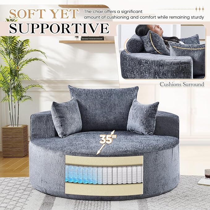JEEOHEY Modern Round Accent Sofa Chair for Living Room, Upholstered Chenille Barrel Lounge Arm Chair with Large seat&Throw Pillows for Bedroom, Office, Apartment, Grey