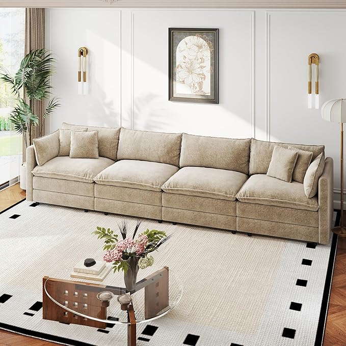 Aoowow Modular Sectional Sofa,147.2 Inch Modern Deep 4-Seater Sofas Comfy Chenille Cloud Sofas and Couches with Pillows for Living Room Apartment（Camel）