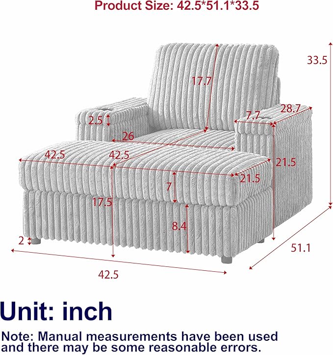 Eafurn 42.5" Oversized Accent Chair with Storage Ottoman Convertible Chaise Lounge, Corduroy Cloud Sofa Chair w/Cupholders, Modern Extra Wide Armchair