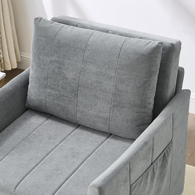 Merax Modern 3-in-1 Convertible Sofa Bed Pull-Out Sleeper Lounger with 5-Position Adjustable Backrest, Upholstered Single Recliner with Side Pockets & Storge Basket for Small Space Grey