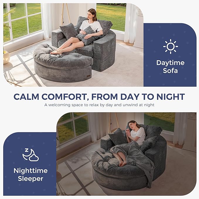 MAXYOYO Oversized Round Chaise Lounge Sofa, Upholstered Lounge Chair with 3 Pillows, Boneless Sofa Couch with Ottoman, Deep Seat Sleeper Chair for Living Room, Bedroom, No Assembly, Dark Grey