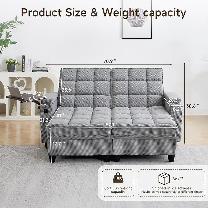 70.9'' Double Chaise Lounge with 360 degree rotatable side table, Comfy Corduroy Indoor Lounge Chair with Armrest Storage, Cup Holder, USB Port, and Pillow for Living Room or Bedroom (light gray)