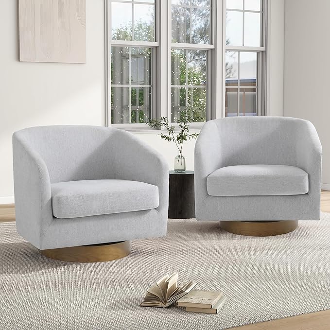 Swivel Barrel Chair, Modern Round PU Leather Accent Armchair for Living Room, Bedroom, Oversized Comfy Club Reading Chairs for Adults (Chenille Beige, Set of 2)