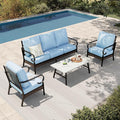HERA'S HOUSE 4 Piece Metal Patio Furniture Set, All Weather Outdoor Conversation Set with 3 Seat Sofa, 2 x Cushioned Fixed Chair & Coffee Table, Seats 5 for Backyard, Garden, Deck, Blue