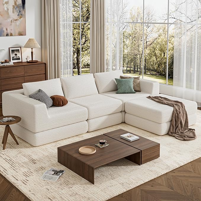 L-Shaped Corduroy Modular Sectional Couch, Modern Floor Couch Sofa for Apartment Living Room, Convertible Sleeper Sofa Bed with 3 Pillows, No Assembly Required, Beige
