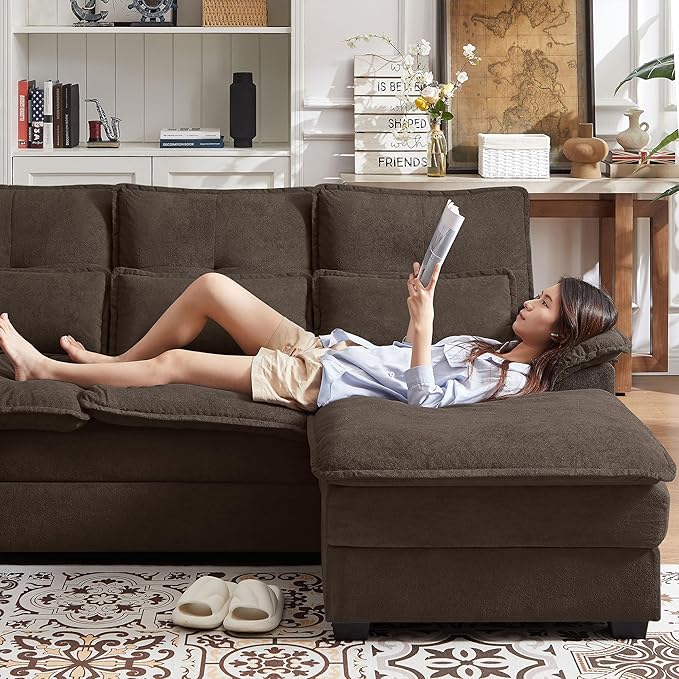 Jarenie 110" Convertible Sectional Sofa, U Shape Cloud Couch, Comfy Couches with Double Chaise and Sleepable Armrests, 4 Seats Sectional Couches for Living Room, Coffee
