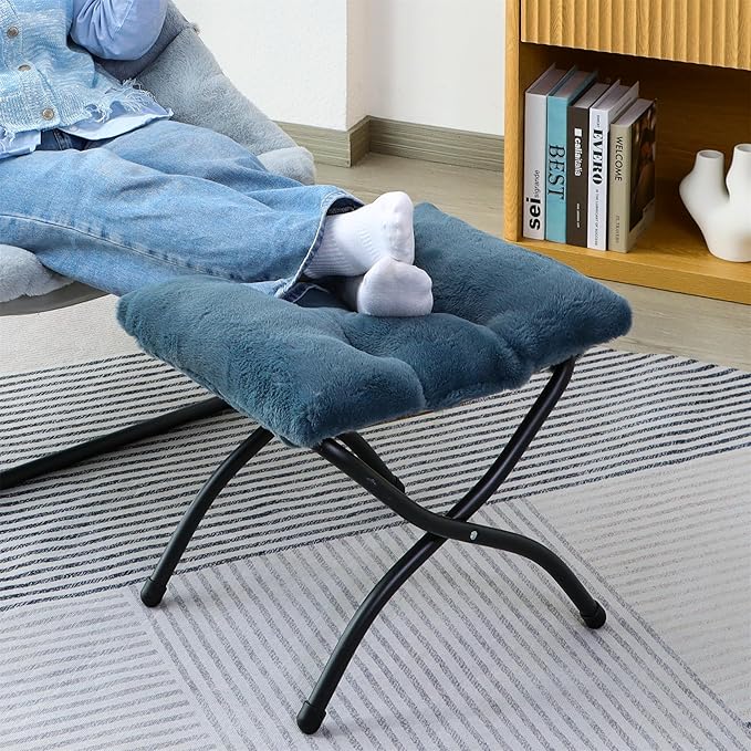 Mordchil HF 15"(H) Folding Ottoman, Foldable Footrest Stool, Portable Small Foot Stool for Couch, Collapsible Foot Rest Ottoman for Sofa, Accent Padded Ottomans for Living Room, Bedroom, Navy Blue