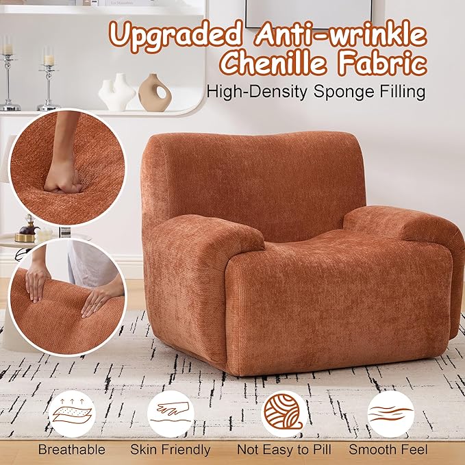 Boneless Chair, 42" W Oversized Single Sofa Chair for Living Room, Chenille Cloud Comfy Chairs, Foam Couch Armchair for Bedroom, Apartment, Office. Reading, No Assembly(Orange)