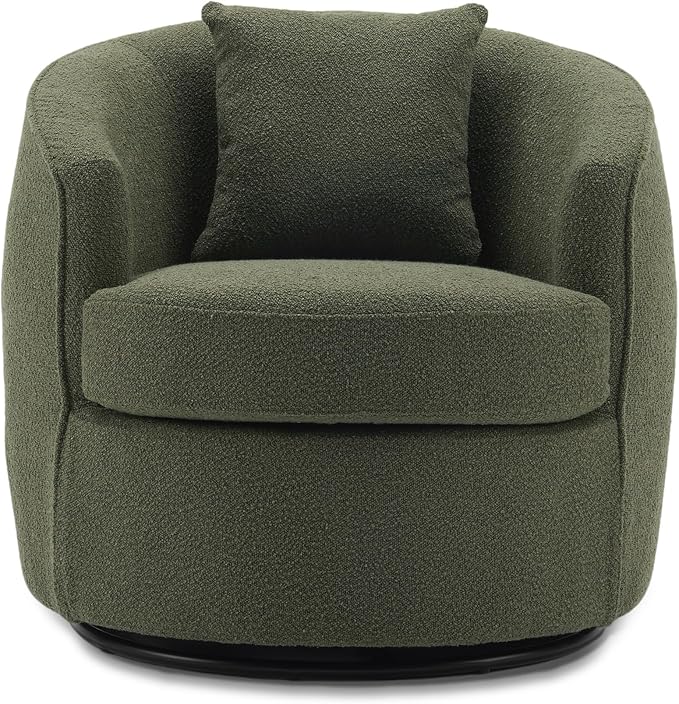 FaFaSoGoodFa Swivel Accent Chair Set of 2, Modern Upholstered Boucle Barrel Arm Chairs with Pillow for Living Room, 360 Degree Round Swivel Sherpa Armchair with Round Base for Bedroom Club (2, Green)