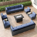 LayinSun 15 Pieces Patio Furniture Set with Fire Pit Table, Black Rattan Modular Sectional Patio Conversation Sofa Set