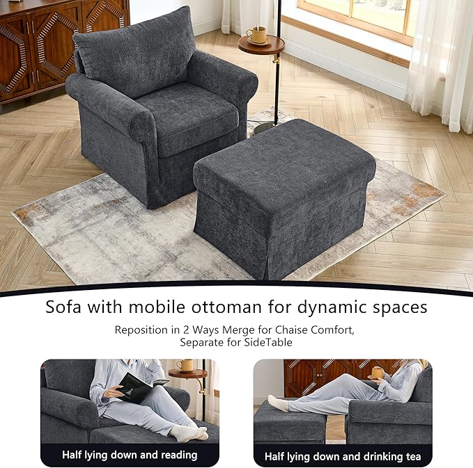 35.82" Accent Chair with Ottoman Set,Upholstered Living Room Chairs for Reading Chair with Chaise Lounge Chairs Indoor, Comfortable Armchair for Bedroom (Gray, 35.82")