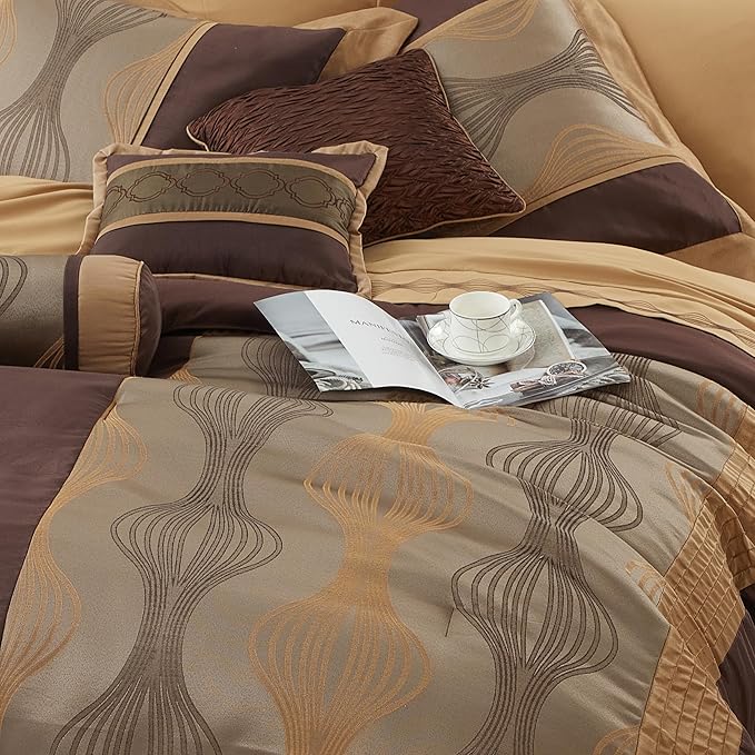 Grand Avenue Elegant Brown Comforter Set King, Striped,7 Piece Bed in a Bag, Jacquard Bedding Set All Season, Matching Decorative Pillows, Pillow Sham