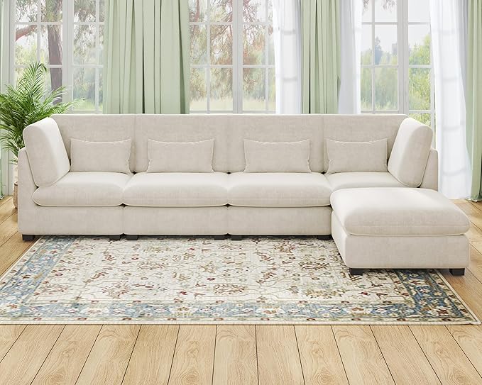 Oversized Modular Sofa, Extra Deep Cloud Chenille Sectional Couch with Ottoman Chaise, Fluffy Chenille 5 Seater Sofa Bed for Living Room, Villa (L Shape 5 Seater, Chenille White)