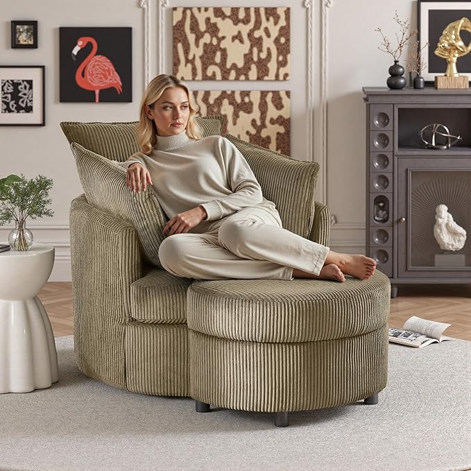 Chorlenimi Swivel Accent Chair Round Barrel Armchair Upholstered Living Room Chair Corduroy Reading Chair Single Sofa Chair for Bedroom Apartment Office (Brown, Upgrade 1Seater+ Ottoman)