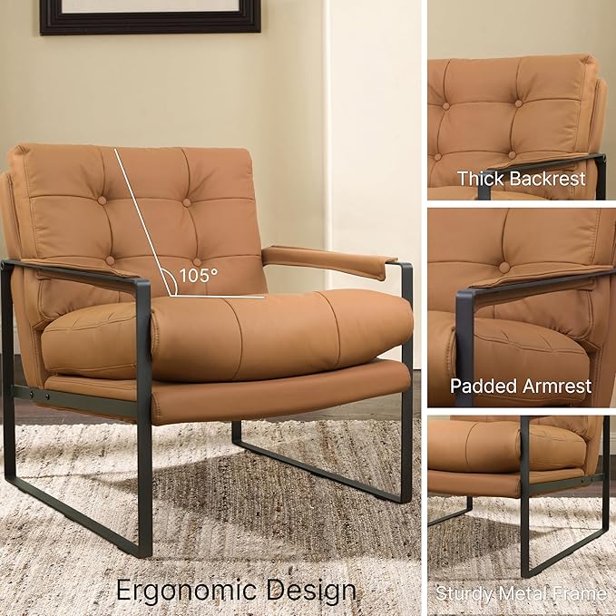 Zouron Leather Accent Chairs Set of 2, Modern Reading Chairs Single Sofa Arm Chair for Living Room Bedroom Reception Room, Khaki Button Tufted
