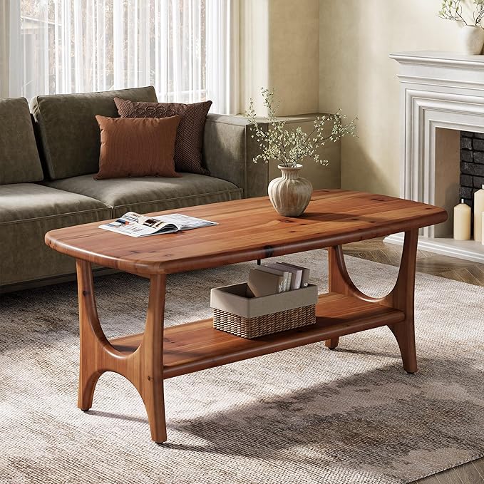 Solid Wood Coffee Table, 47.24” Mid-Century Modern Rectangle Living Room Table, 2-Tier Center Table for Living Room