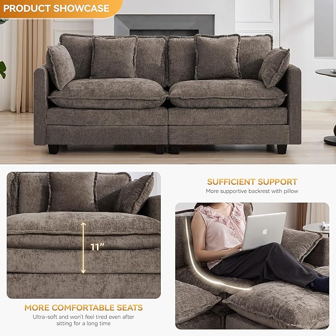 76″ Cloud Deep Seat Loveseat, Upholstered Chenille Modular 2-Seat Sectional Sofa Couch for Living Room, Modern Comfy Settee Loveseat for Small Apartment & Apartment Living, Brown