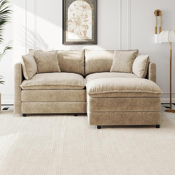 Aoowow Modular Sectional Sofa Modern Convertible Loveseat Couch,77.16 Inch Deep 2-Seater Sofas Comfy Chenille Cloud Sofas and Couches Set with Movable Ottoman for Living Room Apartment（Camel）