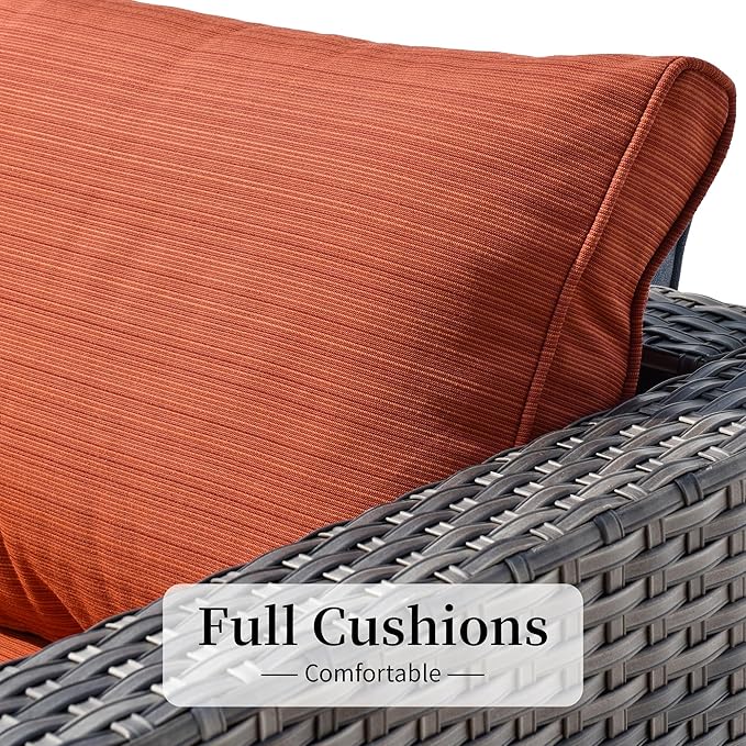HOOOWOOO 11 Piece Patio Sectional Furniture Set with Fire Pit Table,Modern Wicker Outdoor Conversation Sofa Sets,Weather Resistant Modular L Shaped Outside Couch Swivel Chair Set(Orange Red)