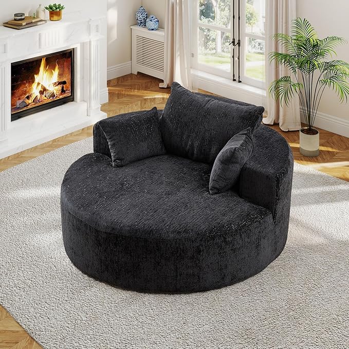 55"W Oversized Round Chair Lounge Chaise Indoor, Upholstered Comfy Circle Sofa Armchair, Modern Cozy Boneless Foam Floor Reading Chair for Living Room, Bedroom, No Assembly Required(Chenille, Black)