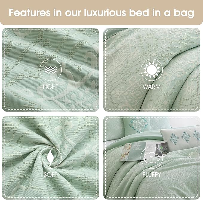 Grand Avenue 6 Piece Cotton Sage Comforter Set, California King Size Jacquard Bedding Set, All Season Geometric Bedding, Matching Pillows, Shams, Bed Skirt