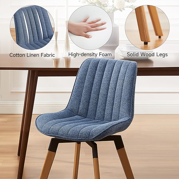 Art Leon Dining Chairs Set of 4, Mid Century Modern Swivel Dining Room Chairs, Fabric Upholstered Armless Side Chairs with Wood Legs for Kitchen Living Room Bedroom, Blue