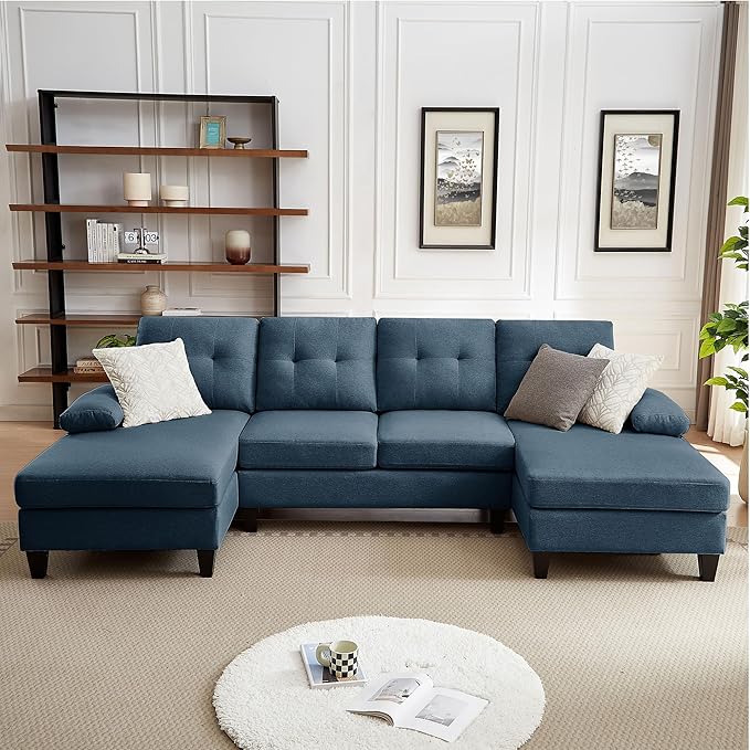 Chireca 111" Sectional Couch for Living Room, Modern Polyester Fibre U Shaped Sofa Couches with Double Chaise, Upholstered 4 Seater Sofa for Living Room, Apartment, Office, Blue